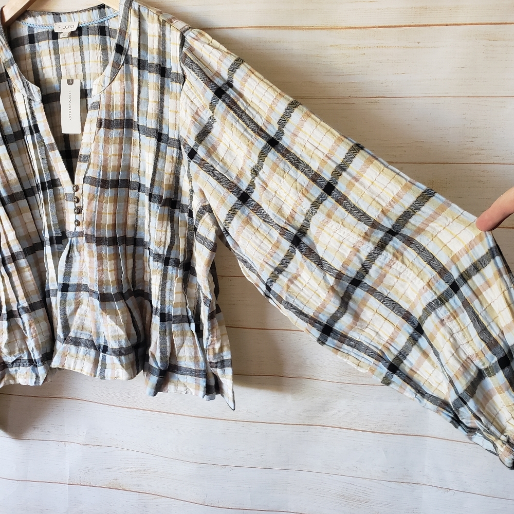 Pilcro Long Sleeve Pleated Plaid Relaxed Swing Blouse Size XL Cotton Elastane - Picture 10 of 15